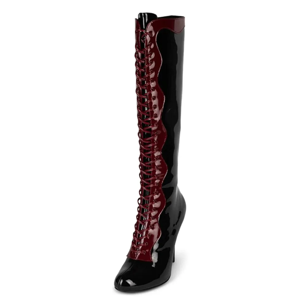 Patent Lace-Up Zip-Up Stiletto-Heel Knee-High Boots