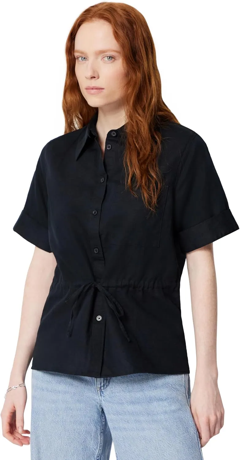 Amazon Essentials Women's Relaxed-Fit Linen Blend Wide Sleeve Shirt with Adjustable Waist