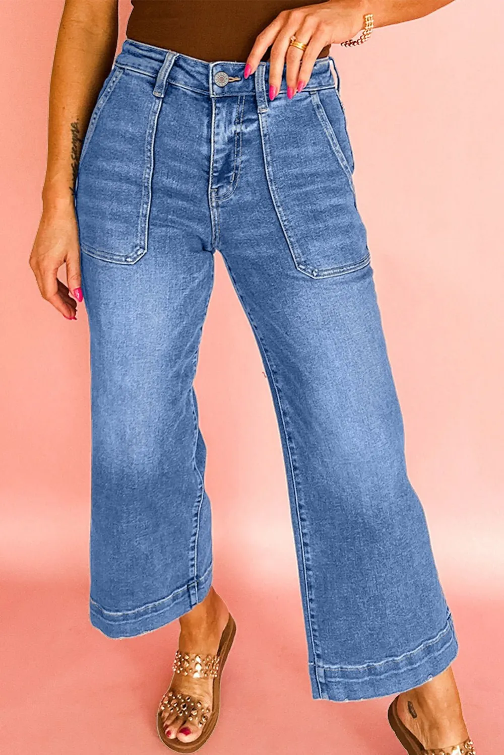 High Waist Wide Leg Cropped Pocketed Casual Jeans
