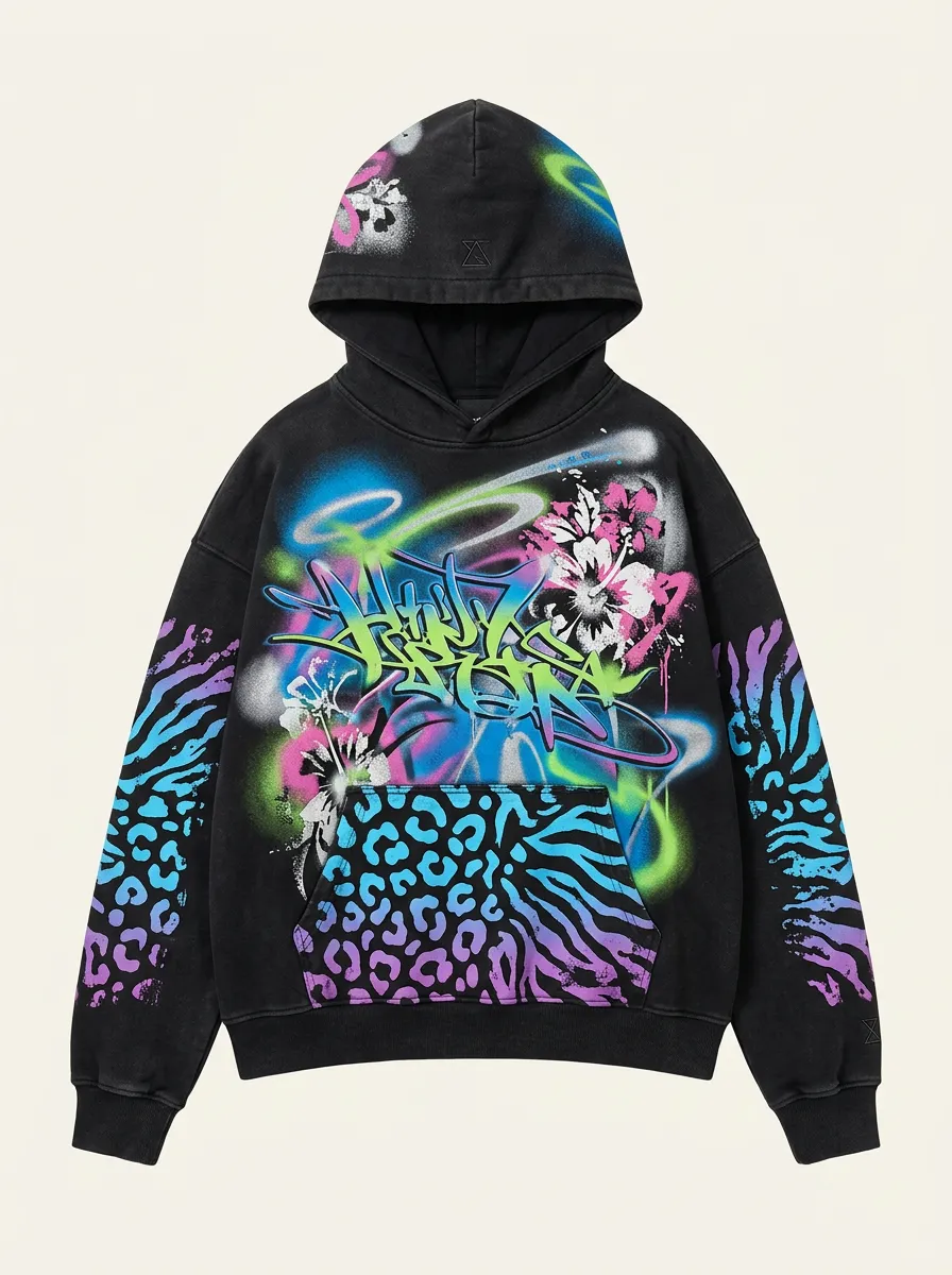 Unisex Streetwear Graffiti Hibiscus Leopard Graphic Hoodie