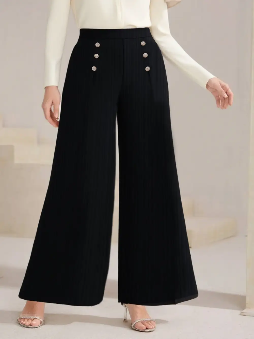 Plus Size High Waist Wide Leg Button Decor Pants