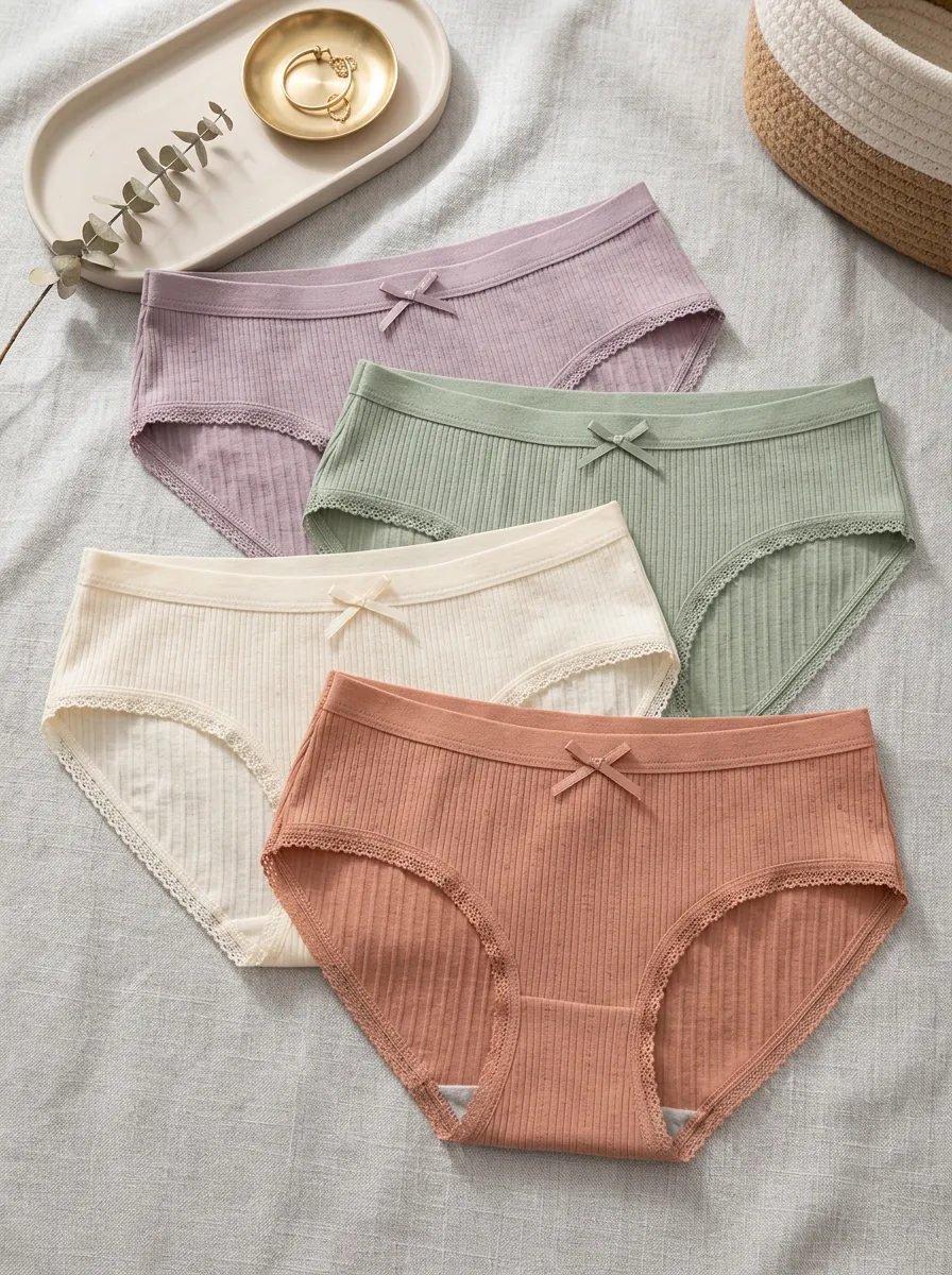 Women's Lace-Waistband Ribbed Bow-Detail Briefs Set