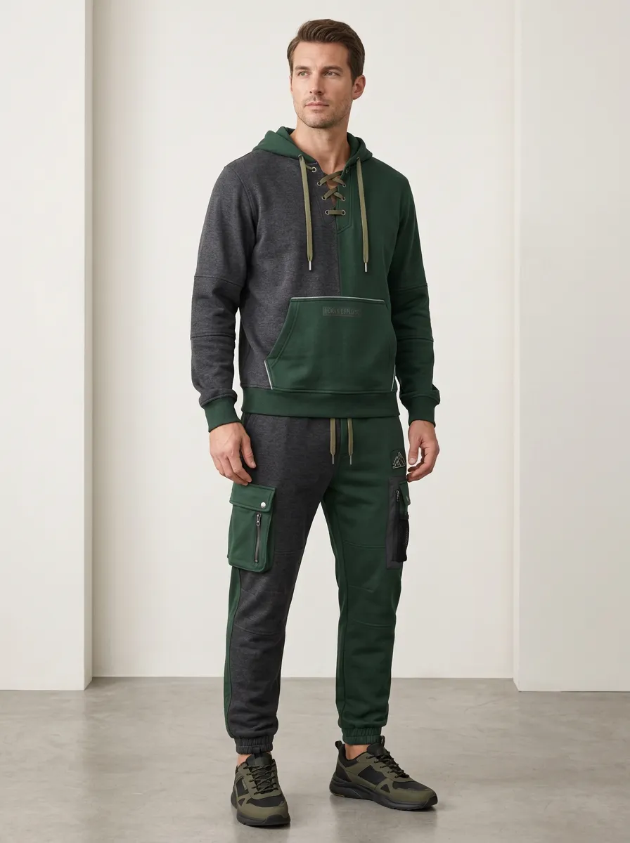 Functional Lace-Up Multi Pocket Outdoor Look Men's Lace Up Hoodie And Cargo Jogger Set