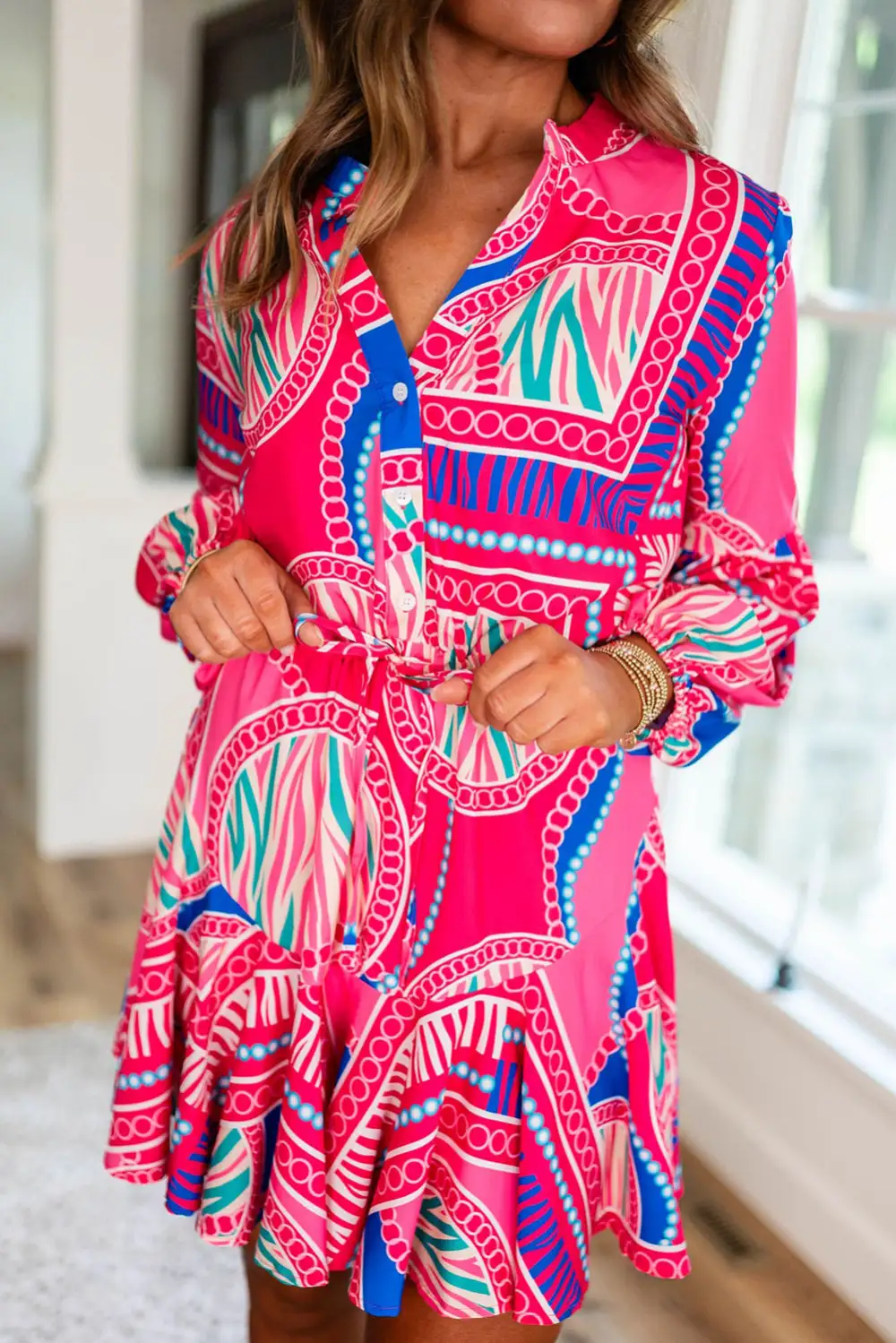 Abstract Print Drawstring Ruffle Mini Dress