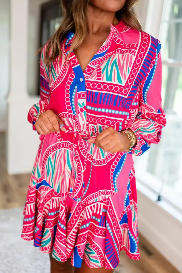 Abstract Print Drawstring Ruffle Mini Dress
