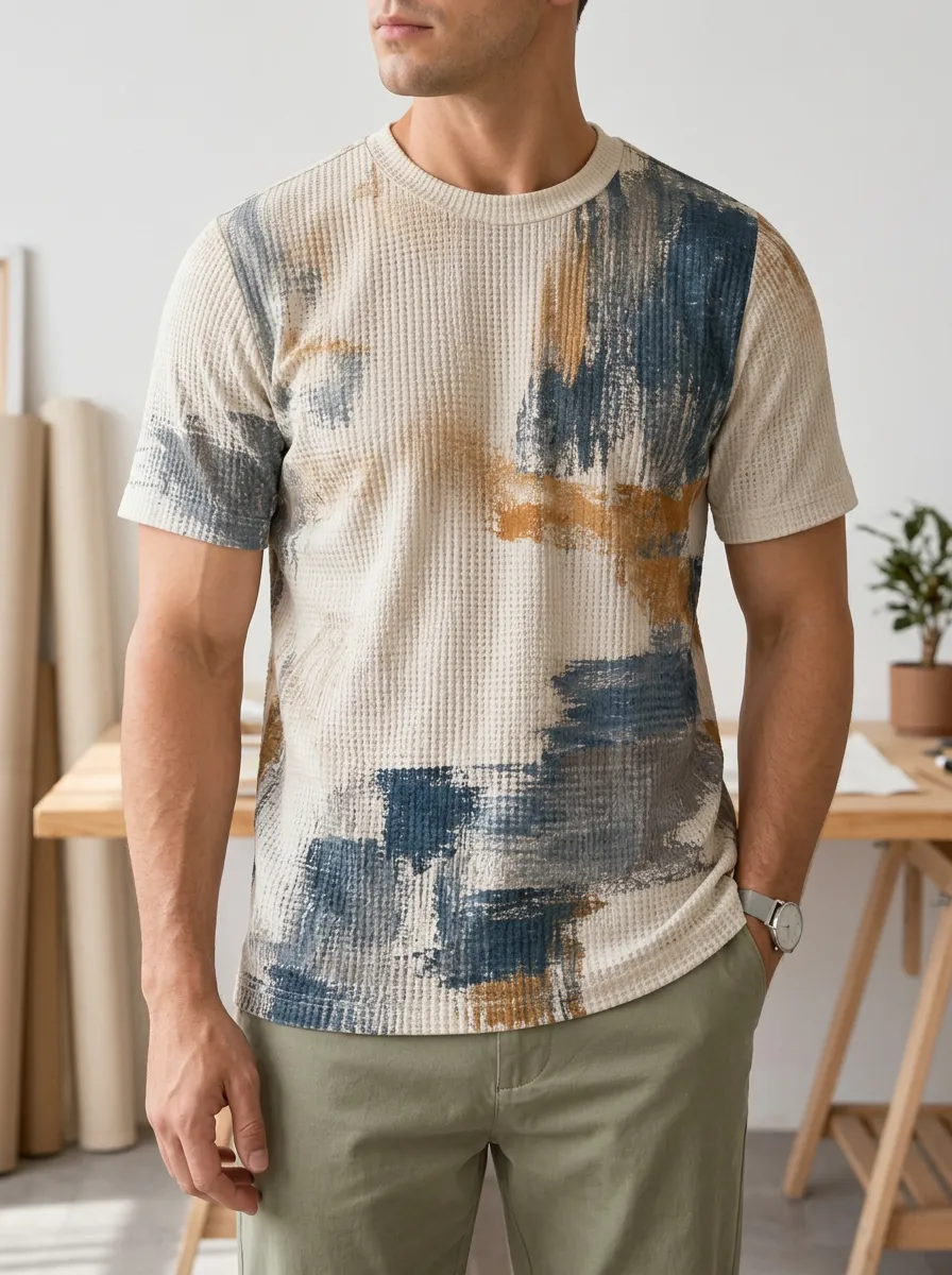 Men's Abstract Brushstroke Waffle Knit Statement Crew Neck T-Shirt