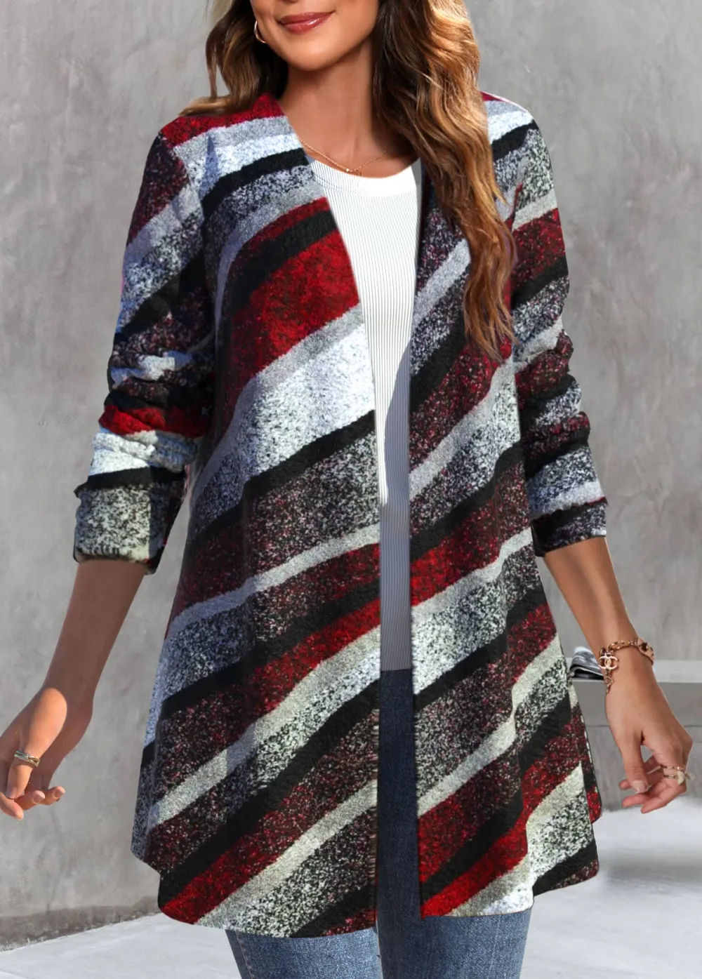 Multi Color Geometric Print Long Sleeve Coat