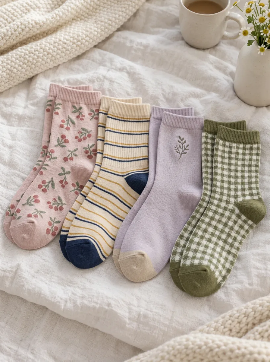 Women's Aesthetic Floral Striped Gingham Printed Socks 4-Pack