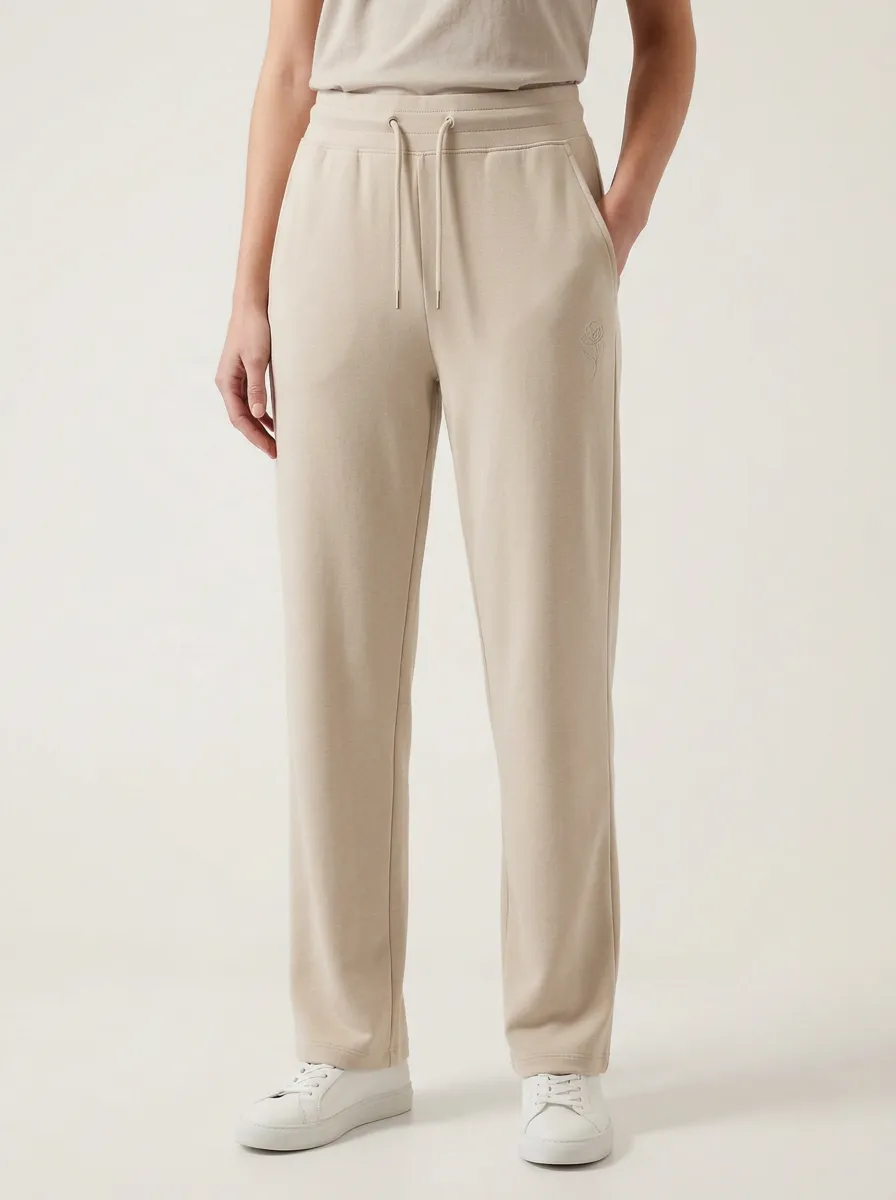 Women's Minimalist Beige Rose Embroidered Printed Sweatpants