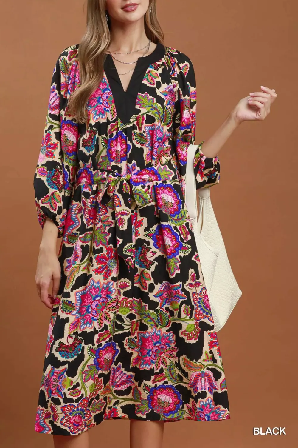 Abstract Print Belted Midi Dress