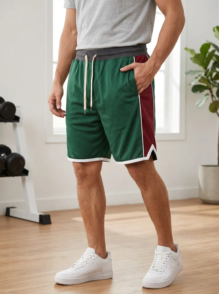 Men's Gym Fitness Green Maroon Colorblock Mesh Shorts