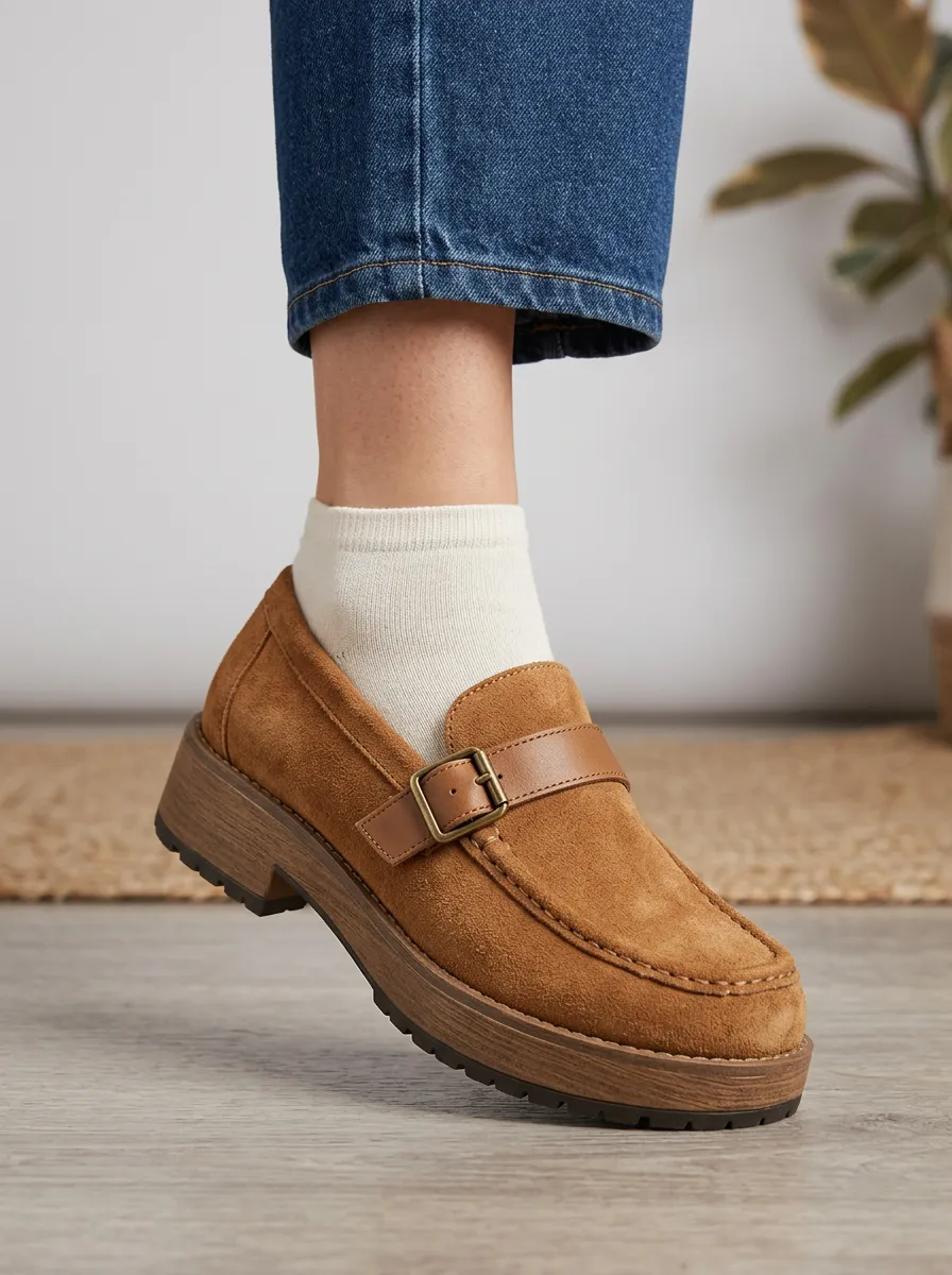 Women's Rugged Buckle Detail Casual Suede Wood Sole Loafers
