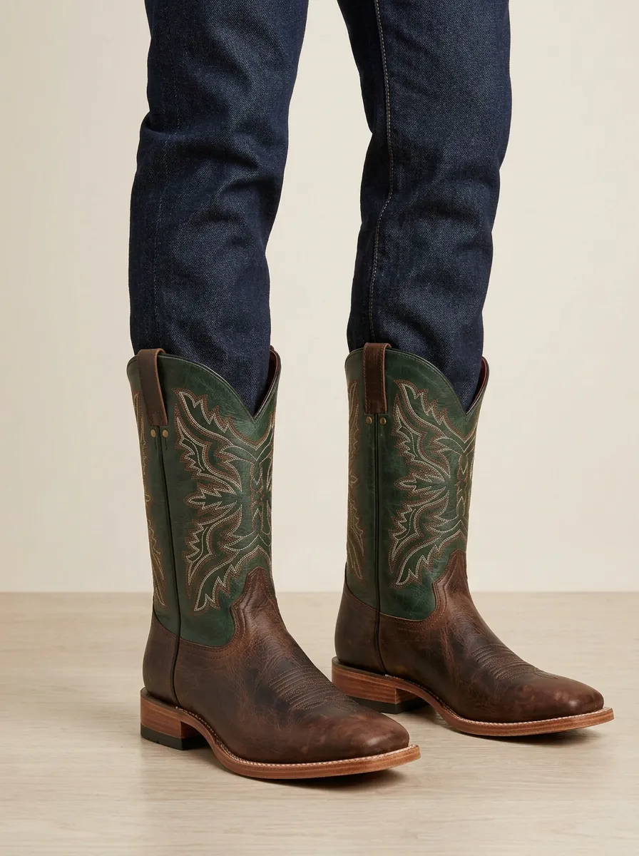 Men's Western Cowboy Green Embroidered Leather Printed Boots
