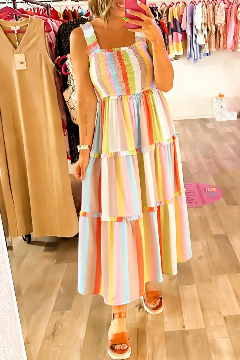 Striped Print Shirred Frilly Tiered Maxi Dress