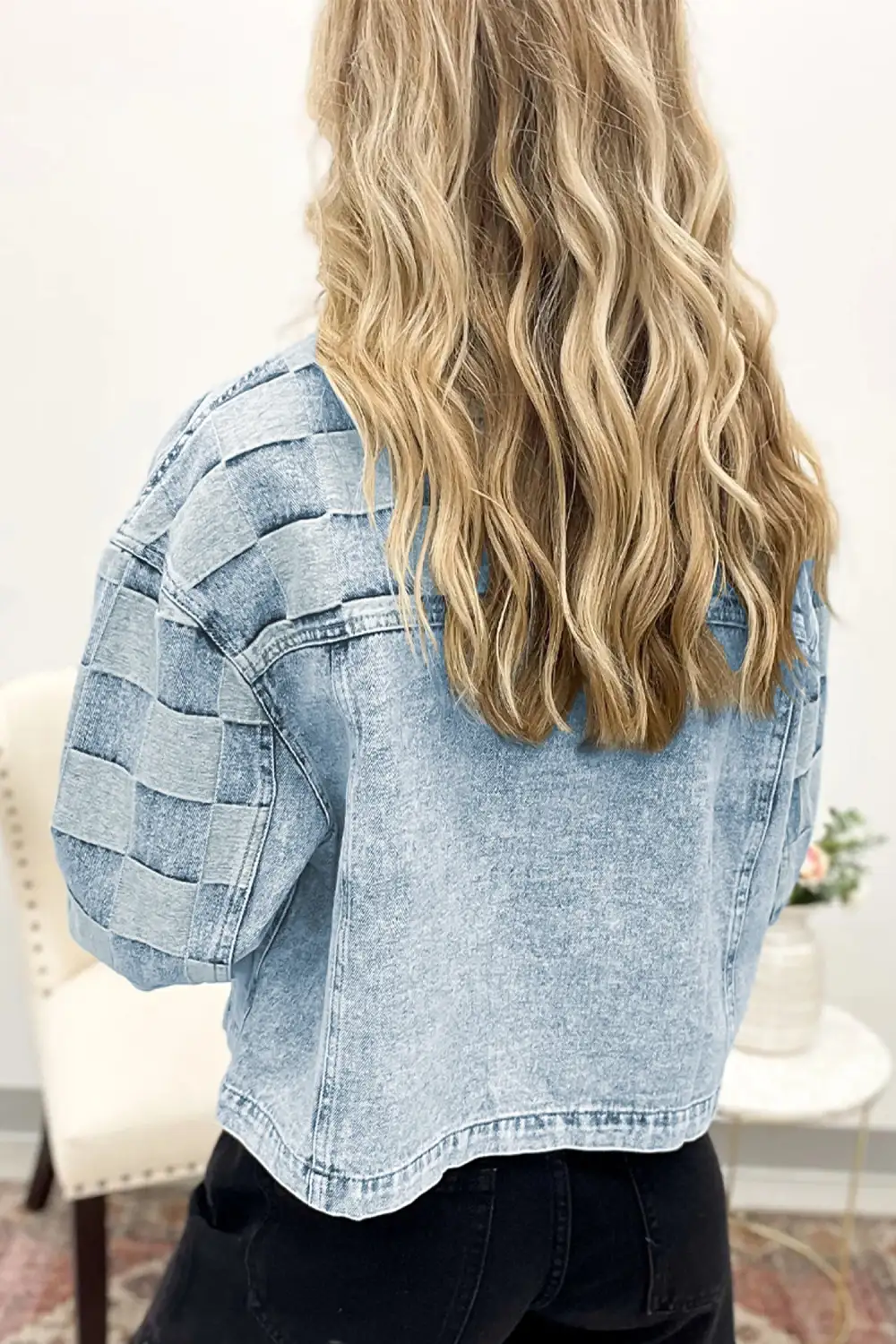 Women's Denim Checkered Pattern Patchwork Casual Jacket