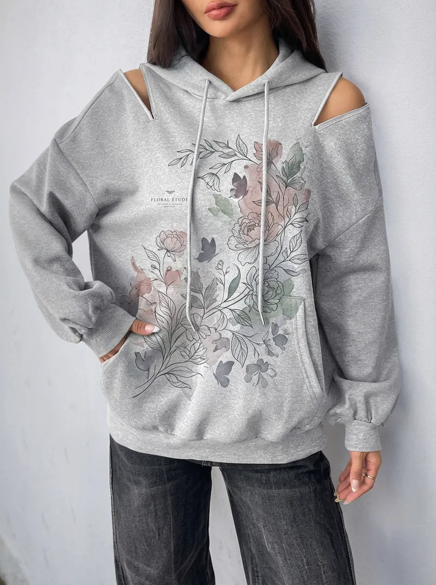 Women's Floral Butterfly Etude Printed Cold Shoulder Hoodie