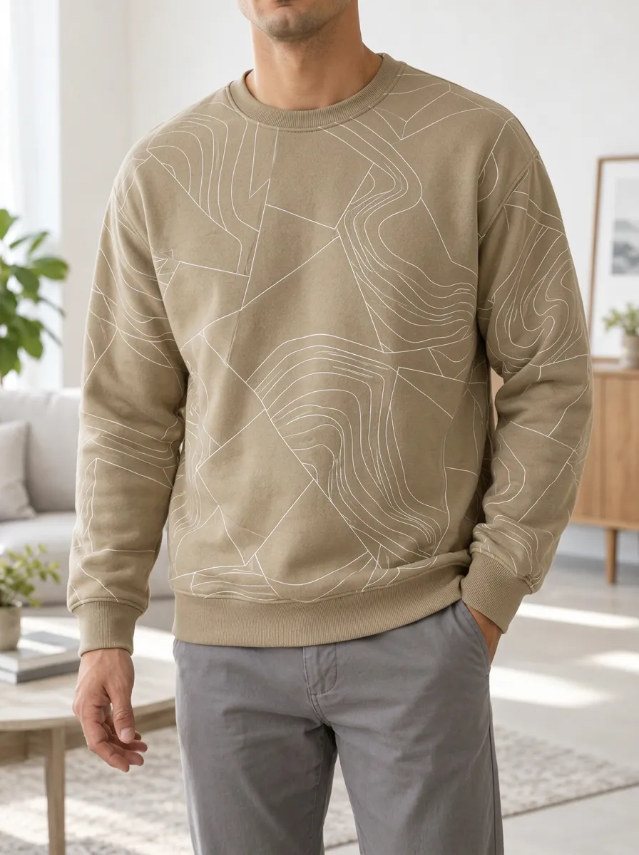 Men's Topographic Print Crewneck Sweatshirt Abstract