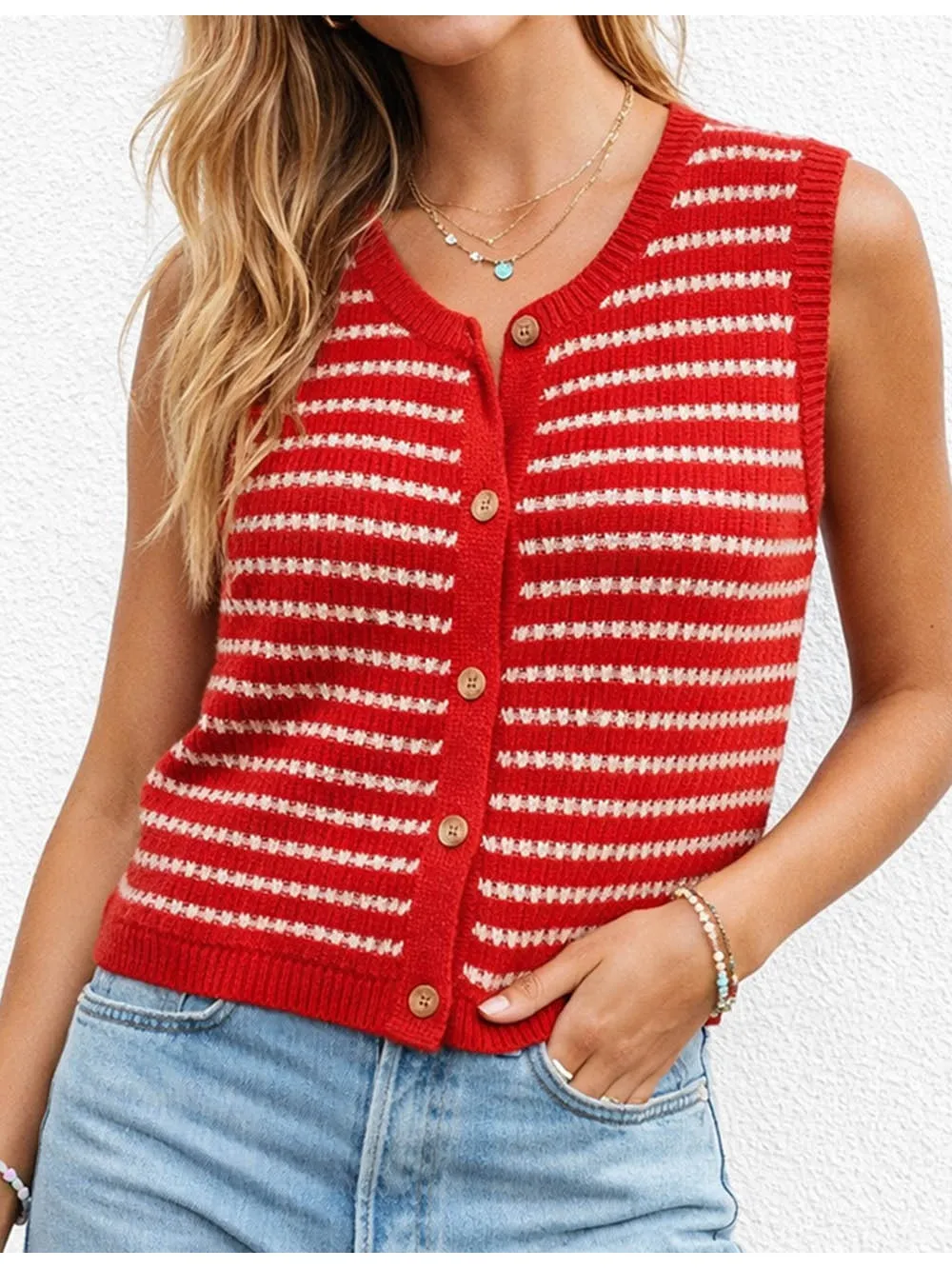 Chic Knit Round Neck Button Front Vest Top