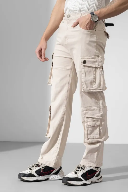 Cream Multi Pocket Cargo Pants