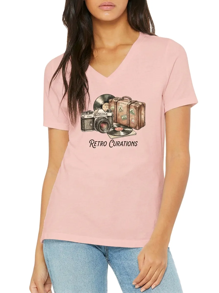 Women's Retro Travel Camera Vinyl Record Graphic V-Neck T-Shirt