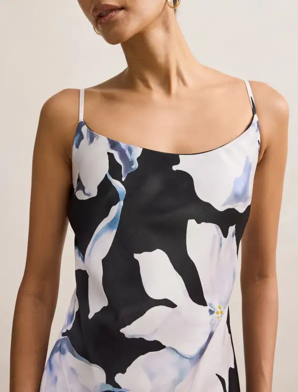Black White Floral Print Strappy Slip Maxi Dress