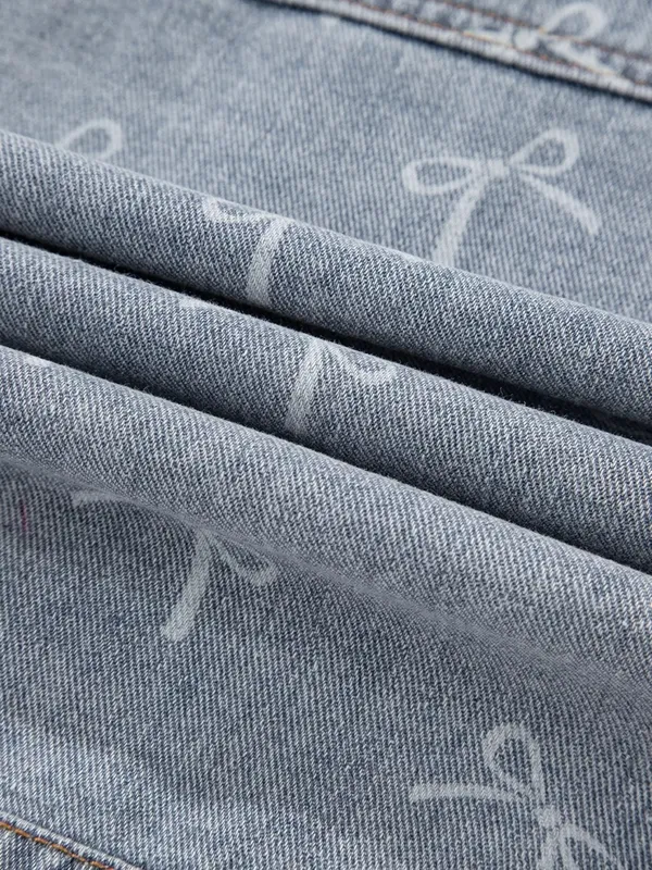 Bow Knot Print Light Wash Raw-Hem Denim Jacket