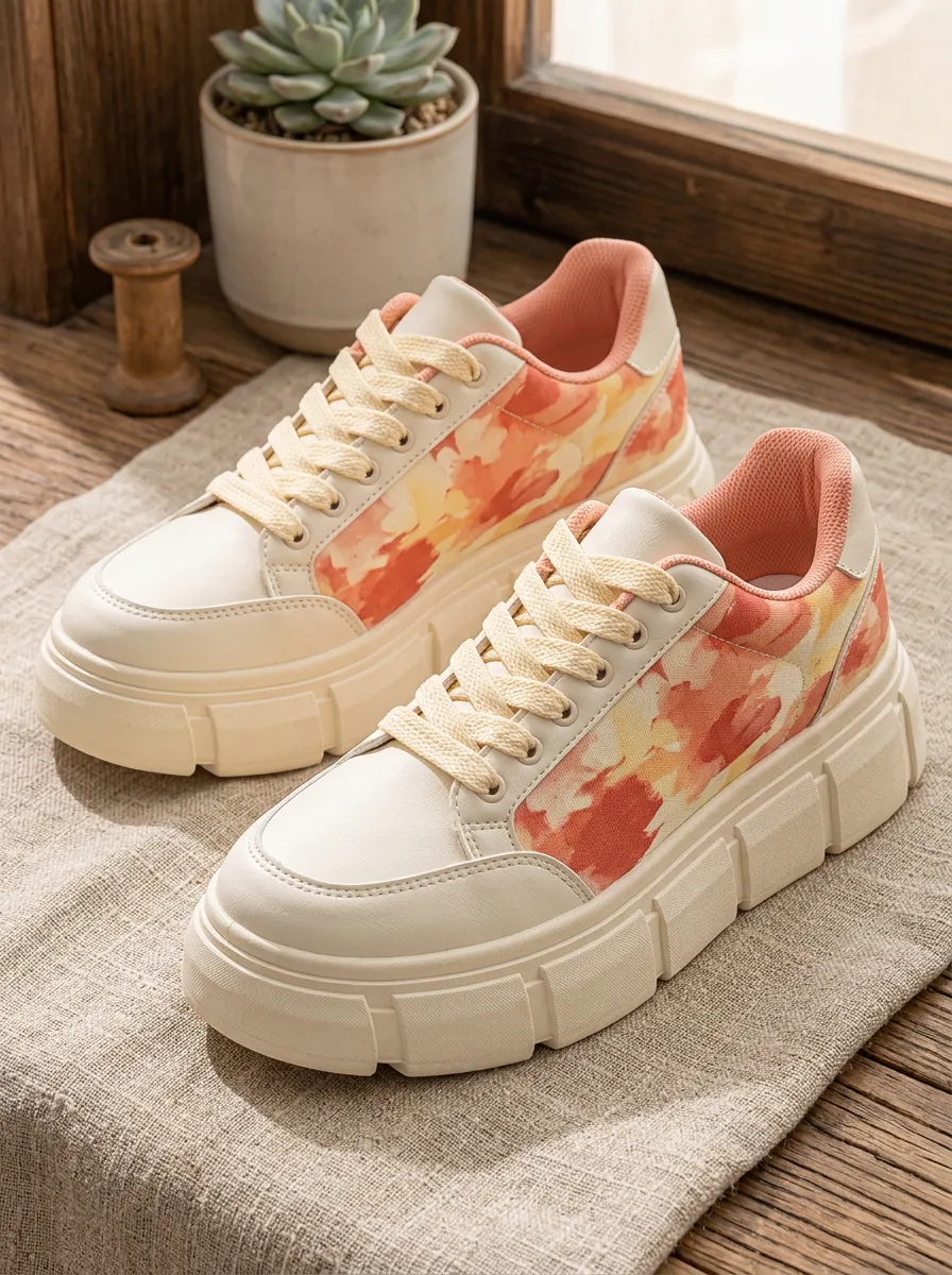 Women's Floral Watercolor Print Platform Sneakers