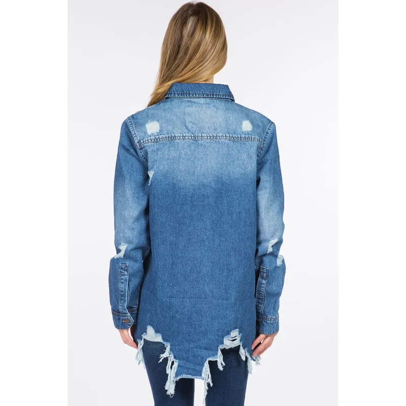 Distressed Frayed Hem Denim Jacket
