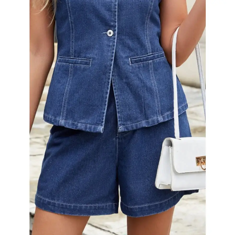 Utility High Waist Pocketed Denim Shorts