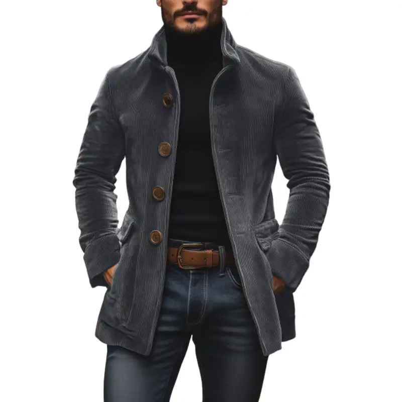 Textured Button Band Collar Coat