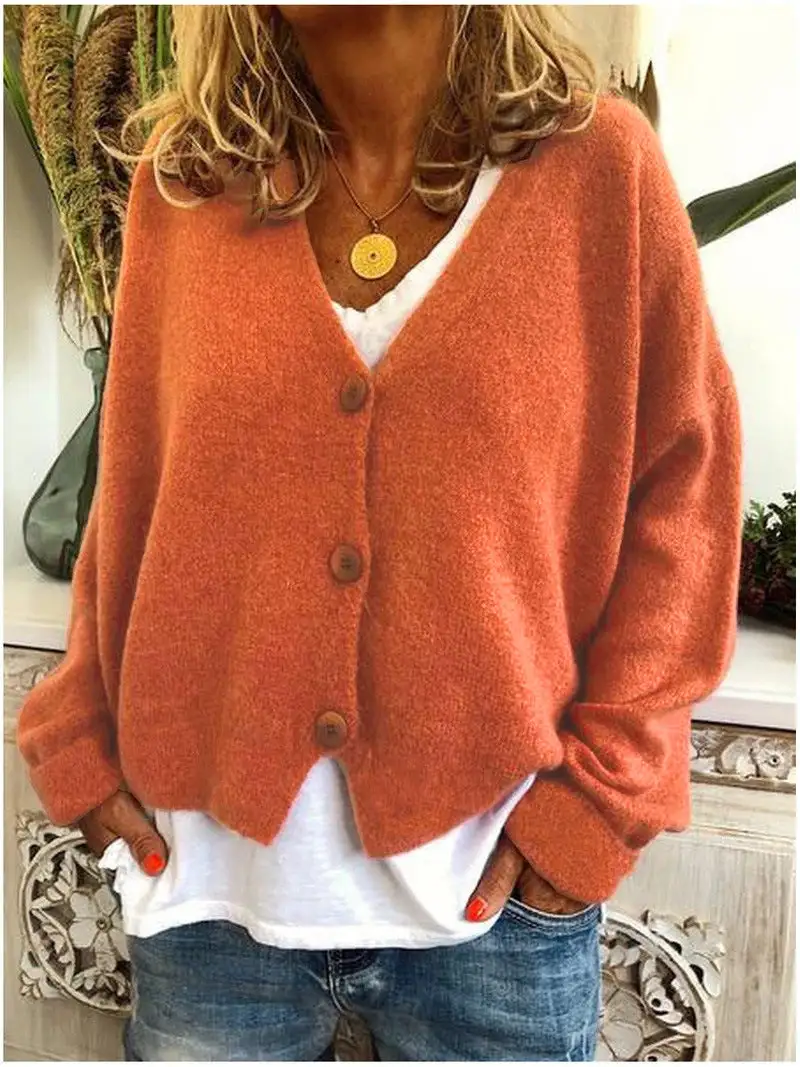  V Neck Button Knit Cardigan