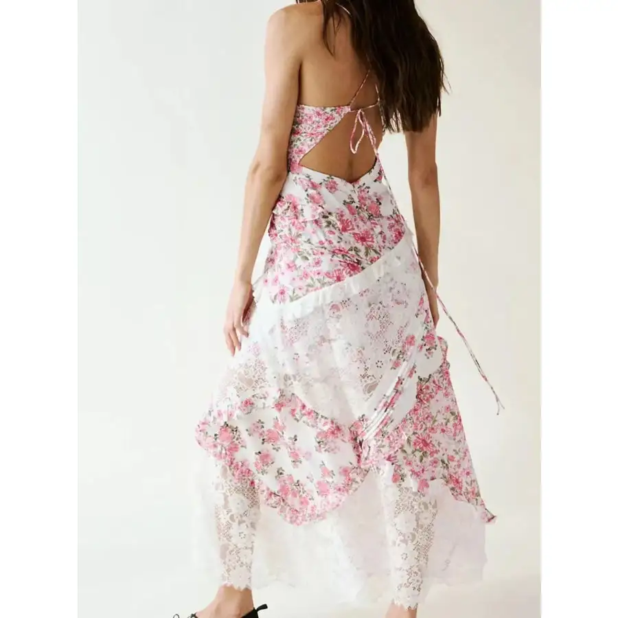 Lace Detail Ruffled Floral V Neck Maxi Dress