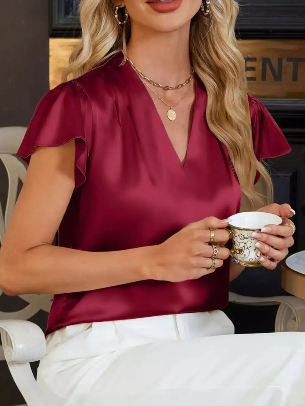 Satin V Neck Flutter Sleeve Blouse