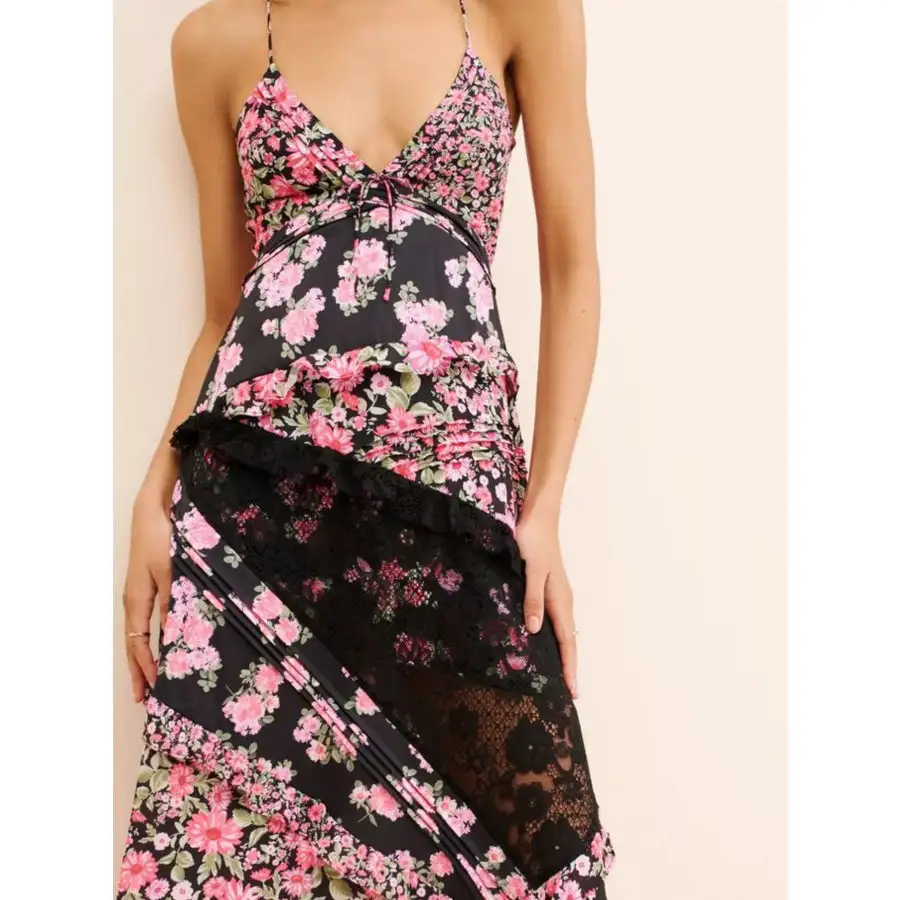 Lace Detail Ruffled Floral V Neck Maxi Dress