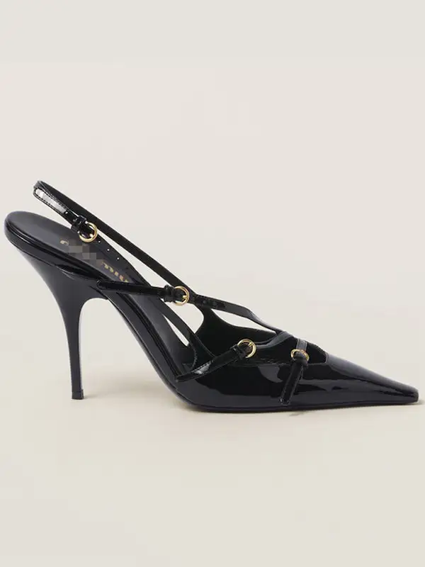 Buckle Cutout Pointed-Toe Panel Detail Slingback Heeled Sandals