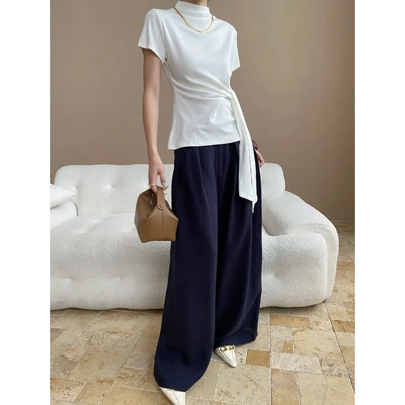 Versatile Semi-High Neck Tie-Waist Short Sleeve T-Shirt