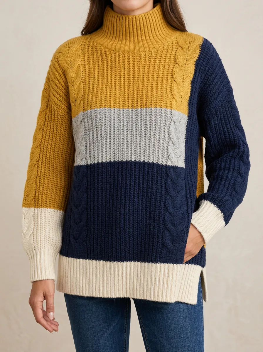 Mock Neck Colorblock Cable Knit Pullover for Women