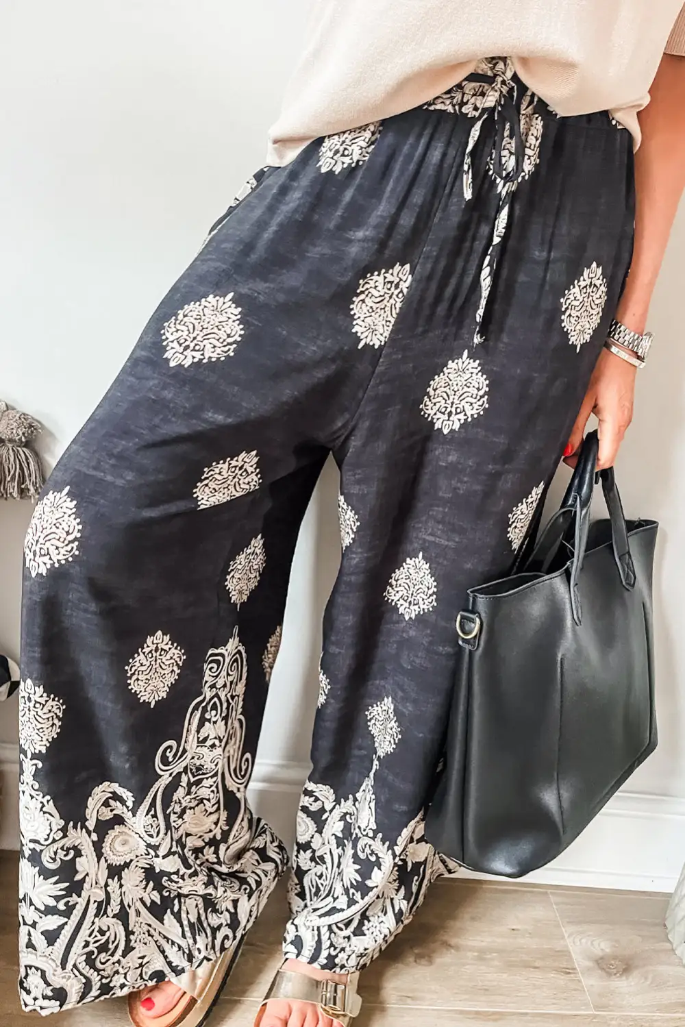 Bohemian Printed Drawstring Waist Wide Leg Trousers