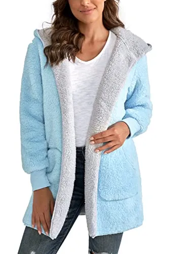 Womens Fuzzy Fleece Open Front Hooded Cardigan Jackets Sherpa Coat with Pockets