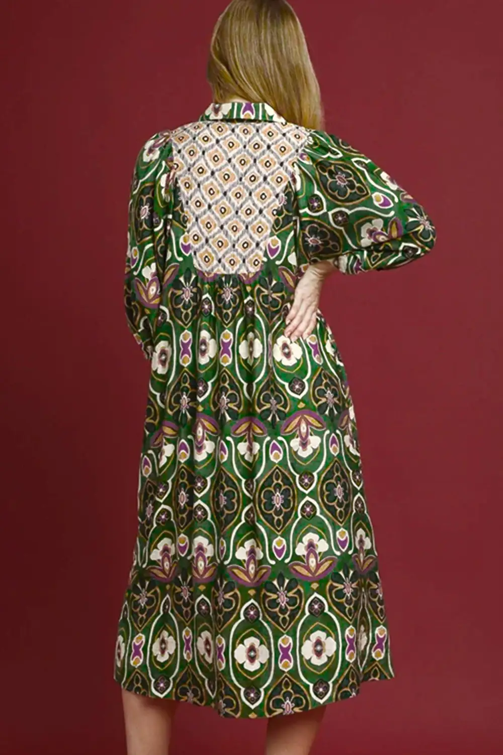 Plus Fit Mixed Floral Patchwork V Neck Bracelet Sleeve Maxi Dress