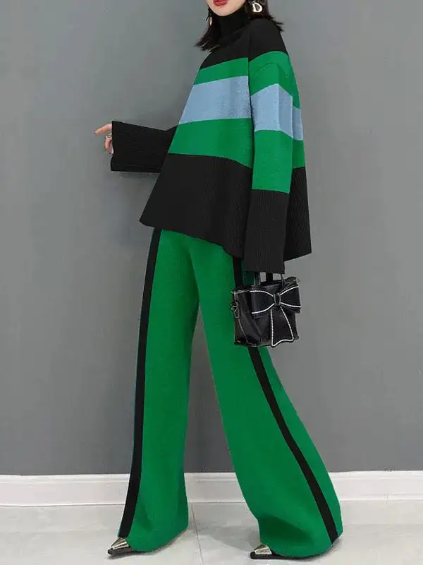 High Low Paneled High Neck Flared Sleeve Pullover Sweater