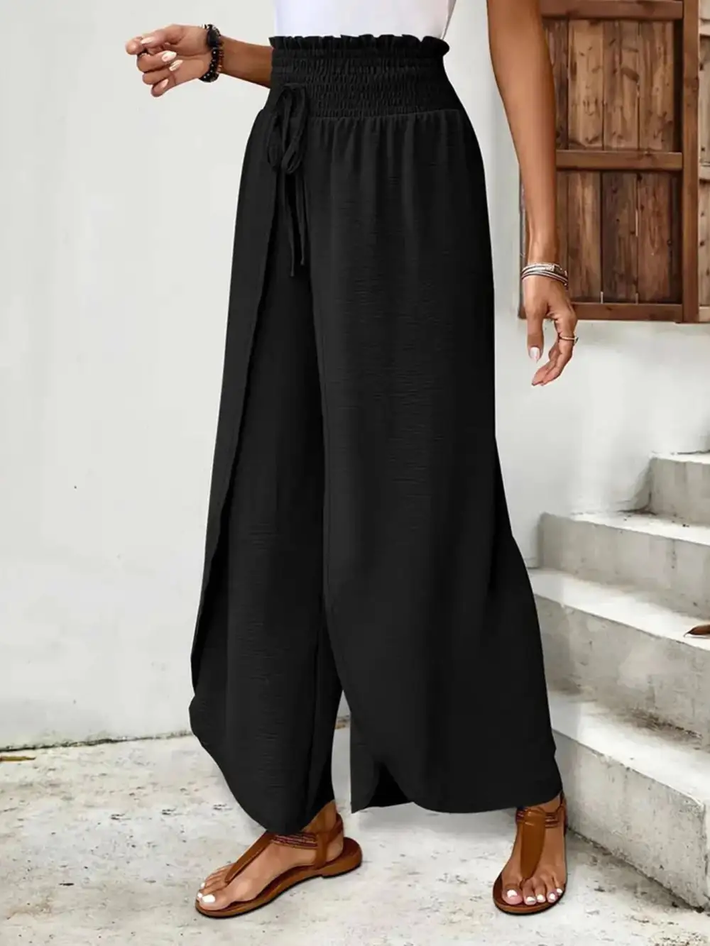 High Waist Slit Detail Smocked Waist Everyday Pants