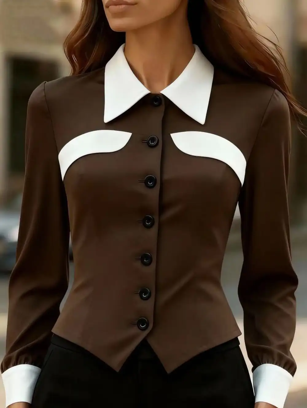 Contrast Lapel Long Sleeve Shirt