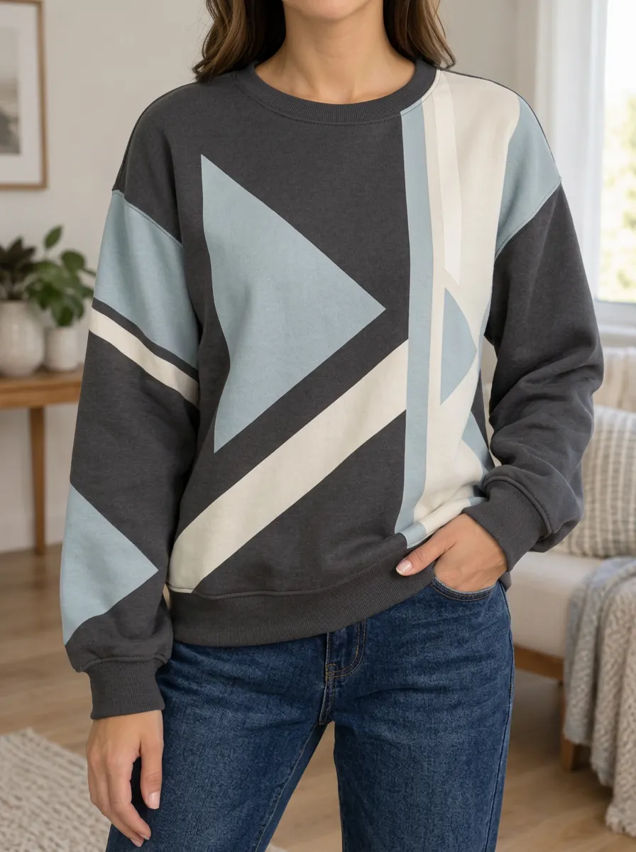 Women's Geometric Colorblock Crewneck Sweatshirt Drop Shoulder