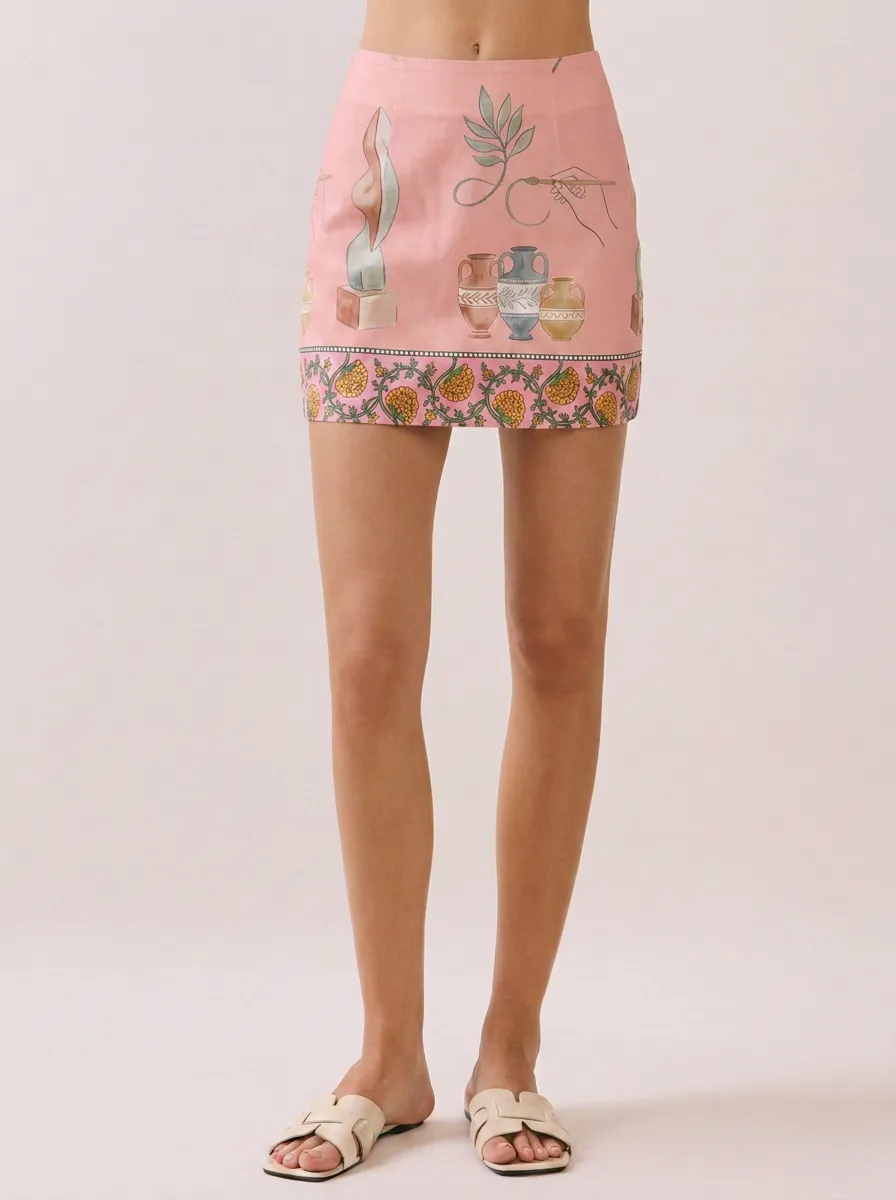 Women's Art Lover Greek Vase Floral Border Printed Mini Skirt