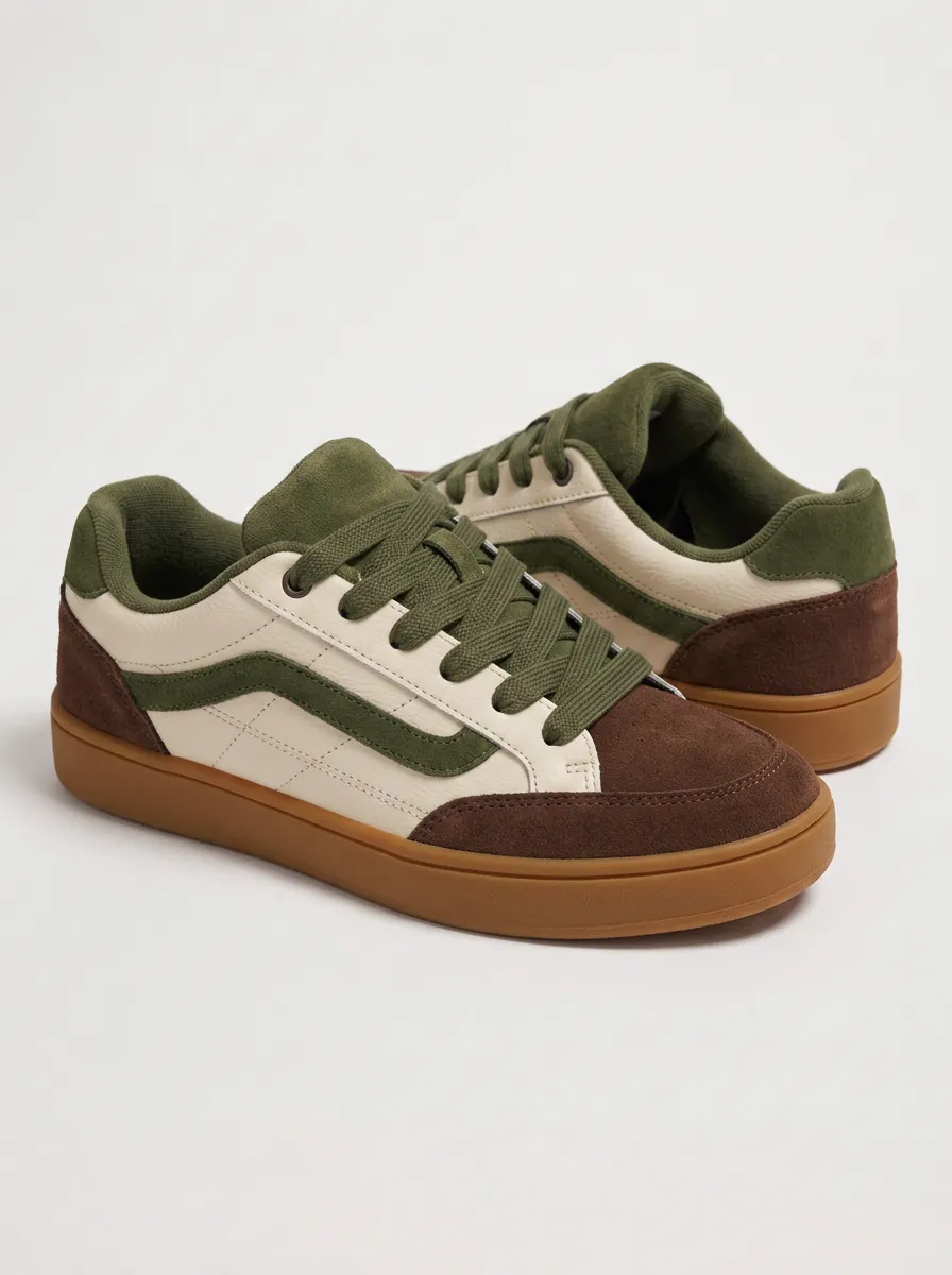 Women's Casual Retro Olive Green Brown Suede Printed Sneakers
