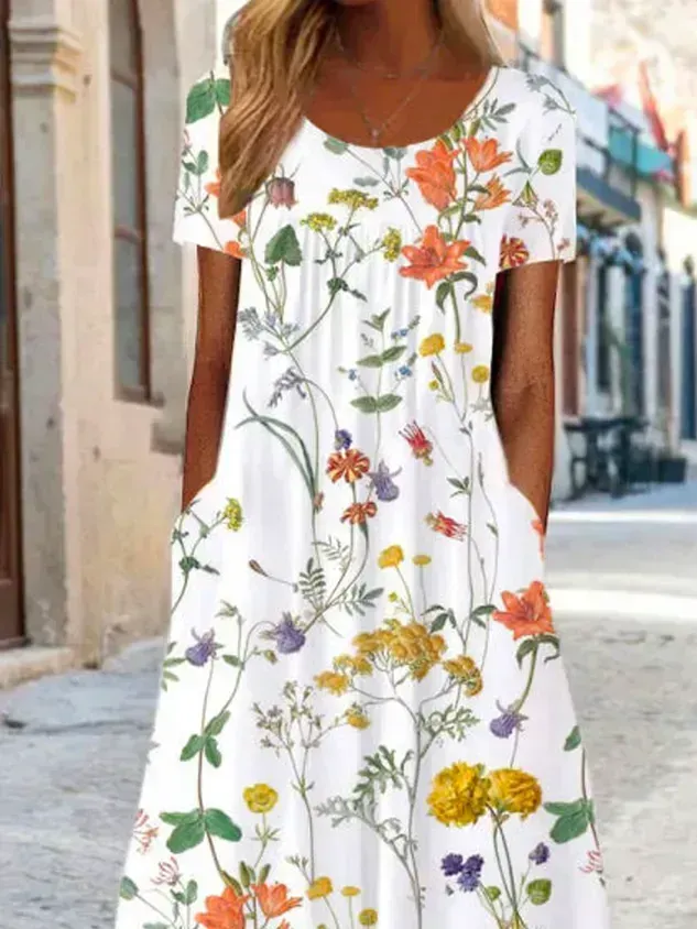 Blumenmuster Midi-Kleid Jersey Rundhals Kurzarm lässiger Stil Noracora