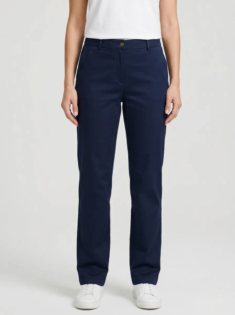 Women's Casual Minimalist Navy Blue Solid Mid-Rise Straight Leg Pants