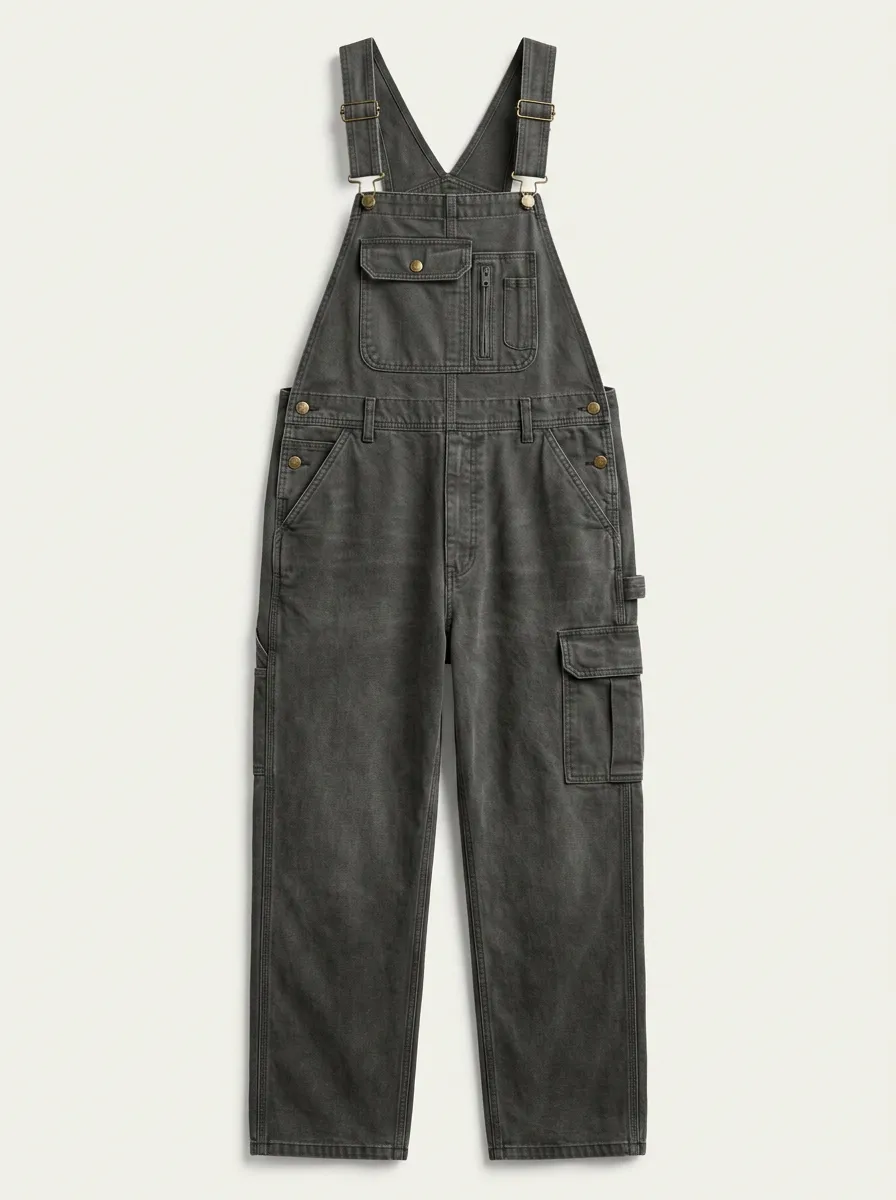 Men's Vintage Washed Charcoal Denim Cargo Overalls
