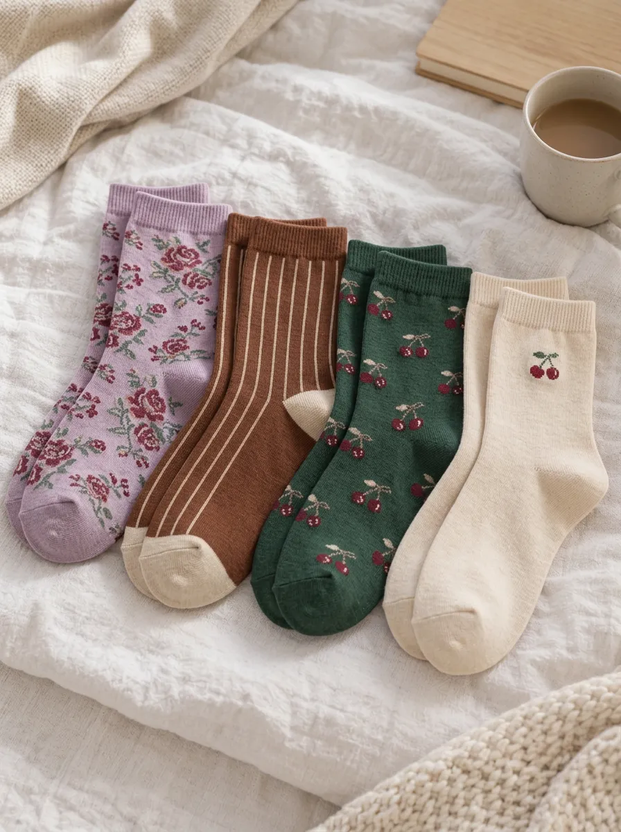 Women's Vintage Floral Cherry Striped Heritage Pattern Mix Socks Set